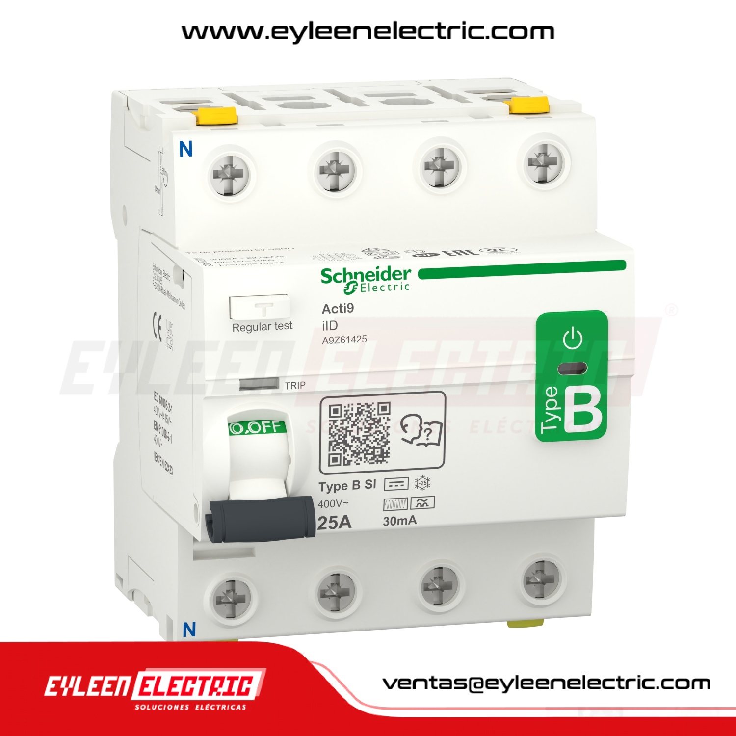 INTERRUPTOR DIFERENCIAL RIEL DIN ACTI9 iIDsi, 4X40A, 300mA, CLASE B-SI