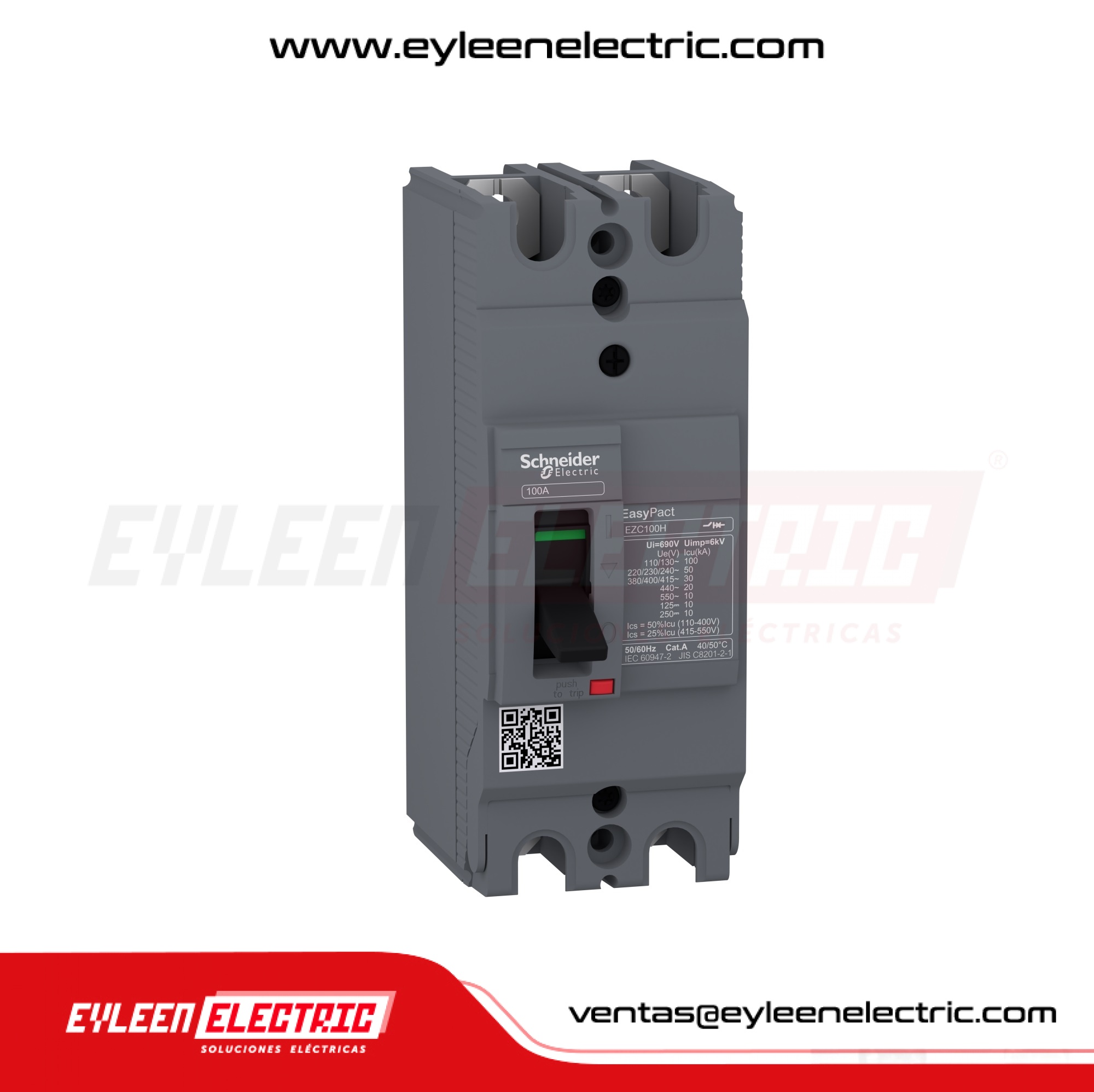 INTERRUPTOR AUTOMÁTICO CAJA MOLDEADA FIJA EASYPACT EZC100H, 2X80A, 50/30/20kA, 240/380/440VAC