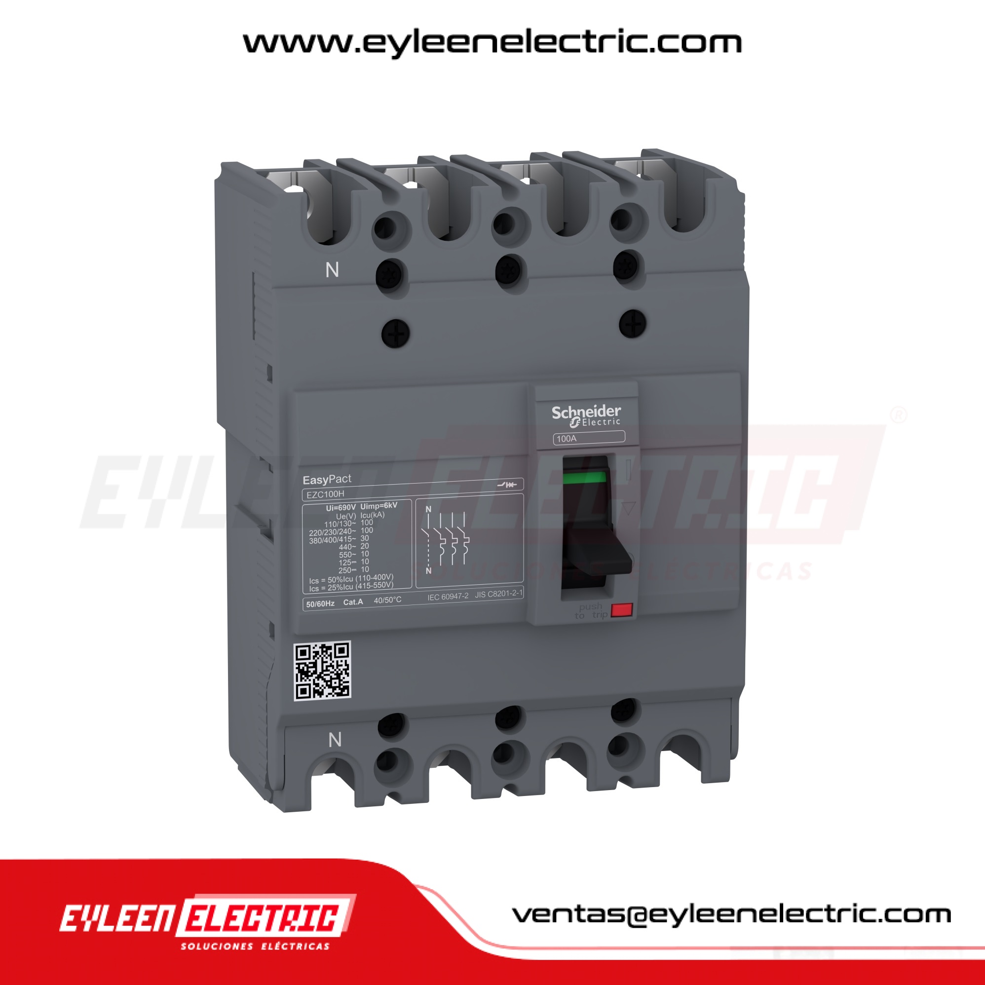 INTERRUPTOR AUTOMÁTICO CAJA MOLDEADA FIJA EASYPACT EZC100H, 4X100A 50/30/30kA, 240/380/440VAC