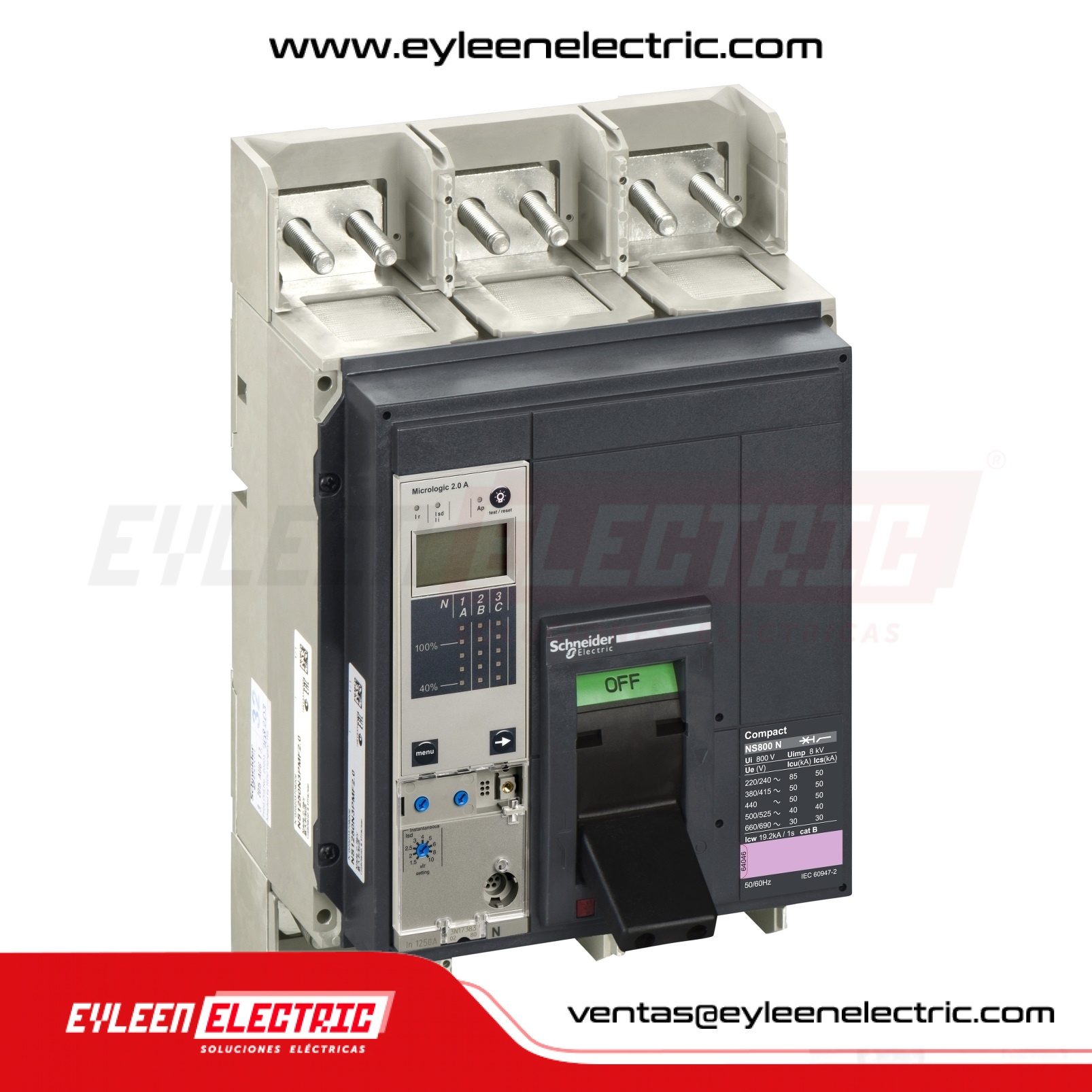 INTERRUPTOR AUTOMÁTICO FIJA REGULAR COMPACT NS800H, 3X(320-800A), 85/70/65kA, 220/380/440VAC,  MicroLogic 2.0