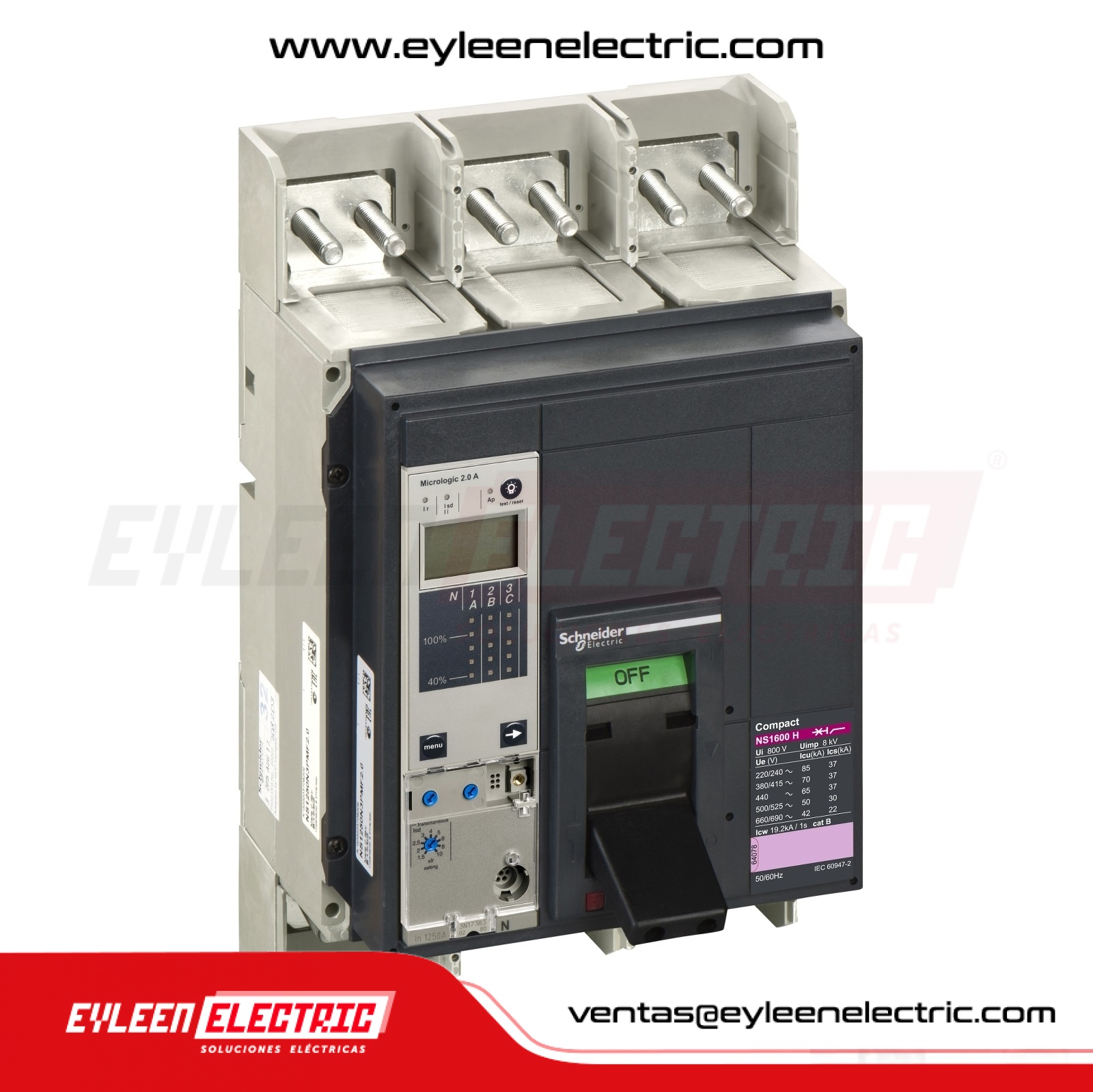 INTERRUPTOR AUTOMÁTICO FIJA REGULAR COMPACT NS1600H, 3X(640-1600A), 70/70/65kA, 220/380/440VAC,  MicroLogic 2.0